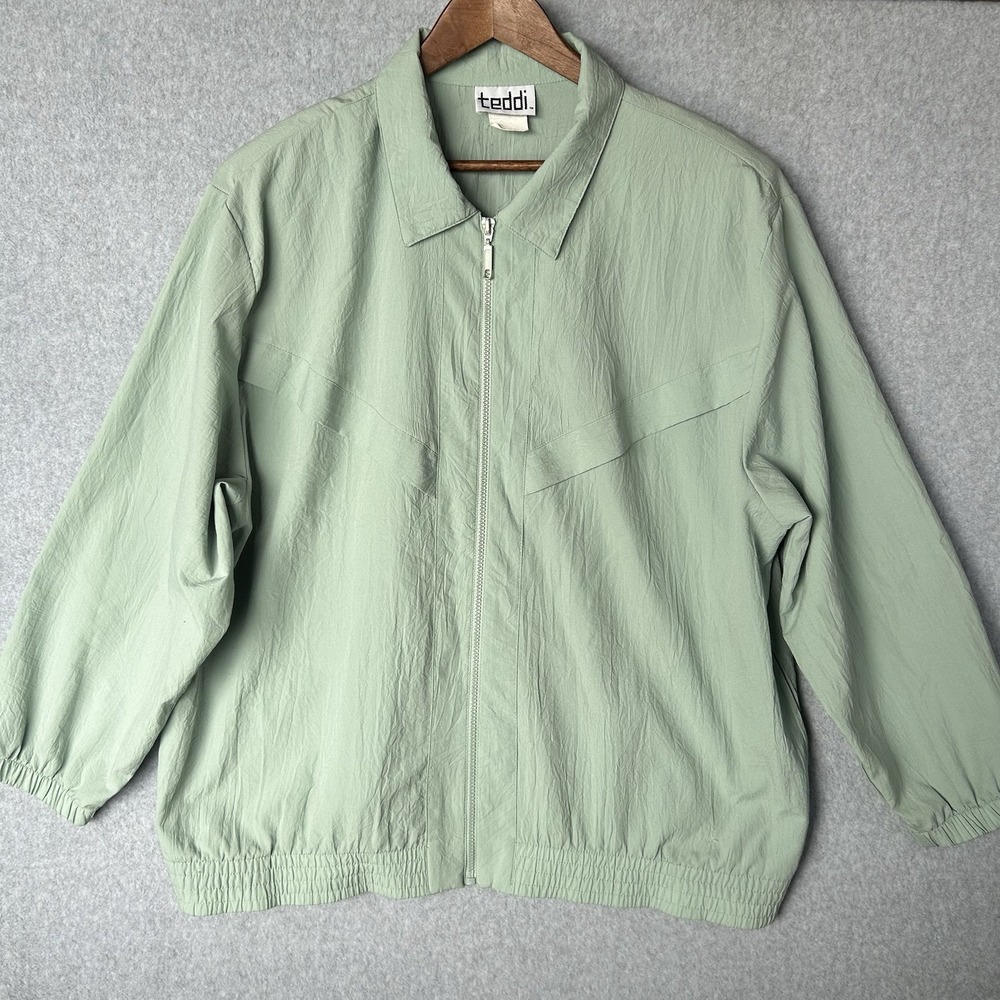 Vintage Teddi Women's XL Cropped Windbreaker Jacket Green Zip Up Elastic Hem